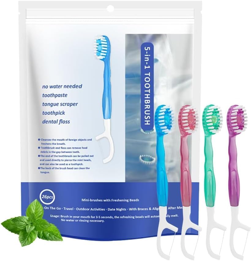Mini Disposable Toothbrushes with Toothpaste 26 pcs 5 in 1 Travel Portable Toothbrush with Toothpaste + Tongue Scraper + Picks+Floss Travel Case (Mix 5 Flavors, 26)