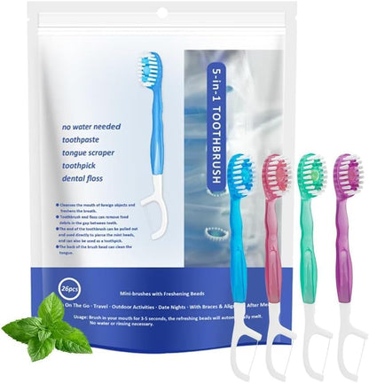Mini Disposable Toothbrushes with Toothpaste 26 pcs 5 in 1 Travel Portable Toothbrush with Toothpaste + Tongue Scraper + Picks+Floss Travel Case (Mix 5 Flavors, 26)