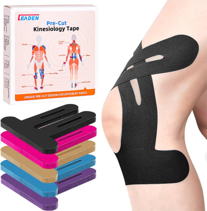 IEADEN Precut Kinesiology Tape for Knees, 10 Pcs - Knee Support & Stability, Knee Pain Relief Athletic Tape - Waterproof & Elastic, Breathable Hypoallergenic Latex-Free Tape, Black