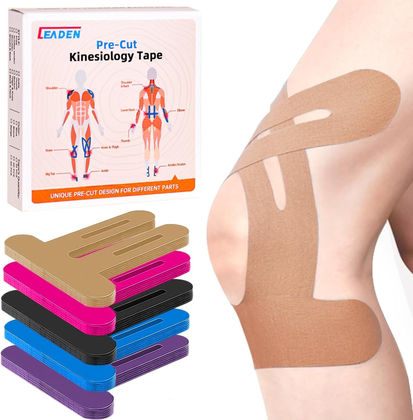 IEADEN Precut Kinesiology Tape for Knees, 10 Pcs - Knee Support & Stability, Knee Pain Relief Athletic Tape - Waterproof & Elastic, Breathable Hypoallergenic Latex-Free Tape, Black