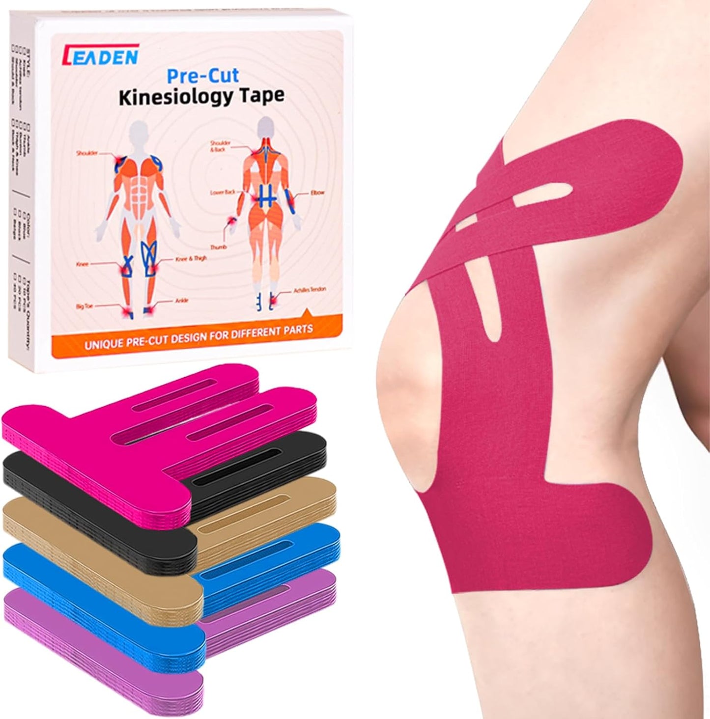 IEADEN Precut Kinesiology Tape for Knees, 10 Pcs - Knee Support & Stability, Knee Pain Relief Athletic Tape - Waterproof & Elastic, Breathable Hypoallergenic Latex-Free Tape, Black