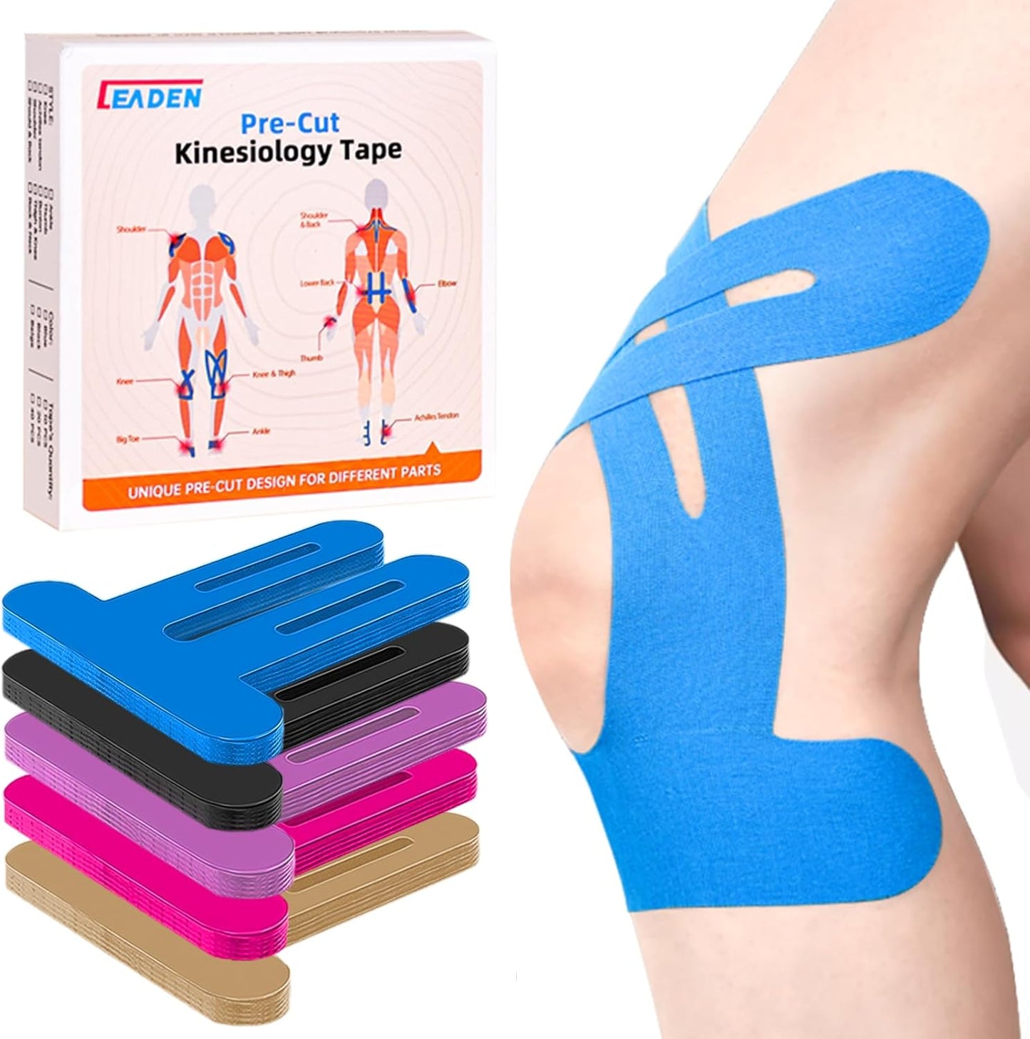 IEADEN Precut Kinesiology Tape for Knees, 10 Pcs - Knee Support & Stability, Knee Pain Relief Athletic Tape - Waterproof & Elastic, Breathable Hypoallergenic Latex-Free Tape, Black