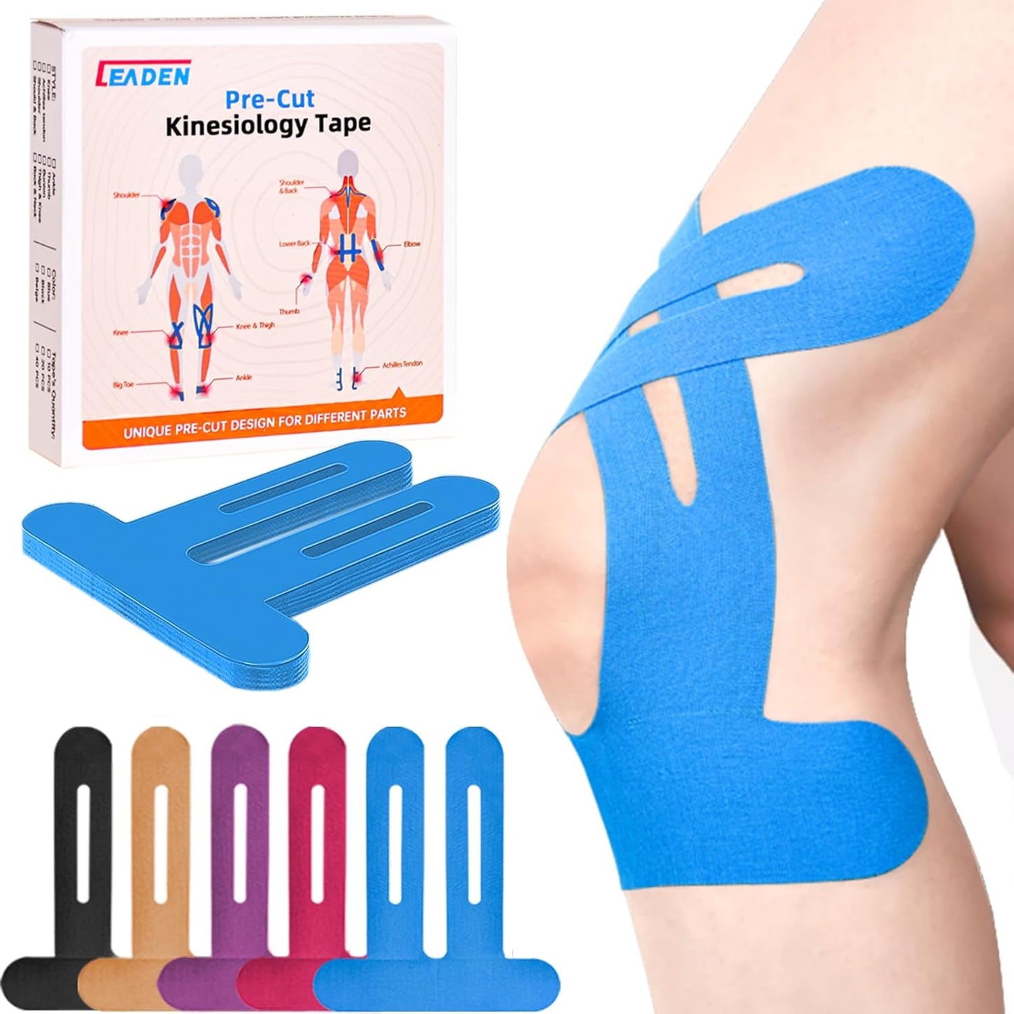 IEADEN Precut Kinesiology Tape for Knees, 10 Pcs - Knee Support & Stability, Knee Pain Relief Athletic Tape - Waterproof & Elastic, Breathable Hypoallergenic Latex-Free Tape, Black