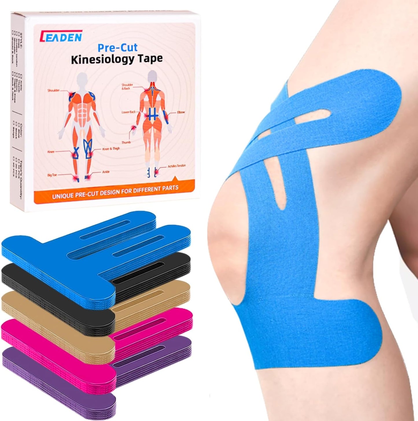 IEADEN Precut Kinesiology Tape for Knees, 10 Pcs - Knee Support & Stability, Knee Pain Relief Athletic Tape - Waterproof & Elastic, Breathable Hypoallergenic Latex-Free Tape, Black