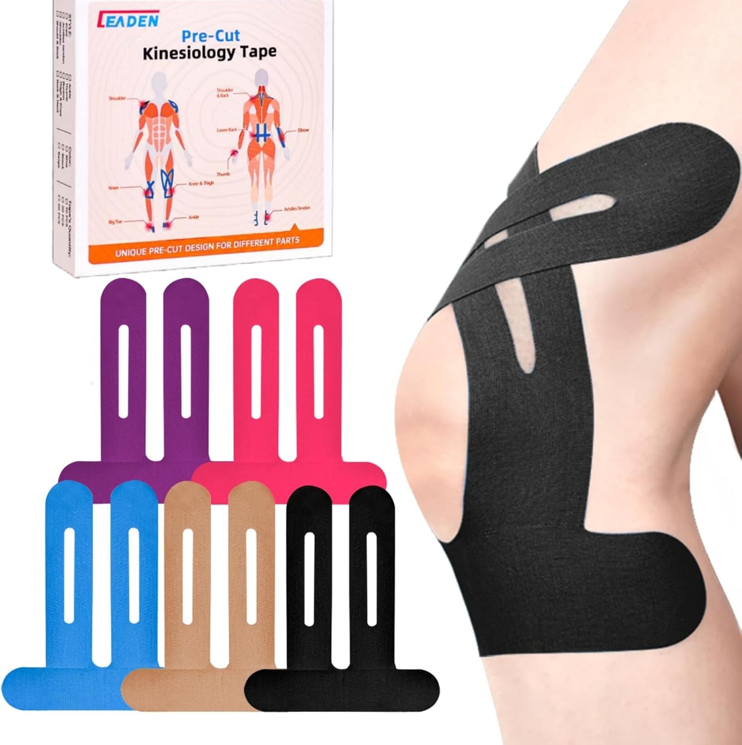IEADEN Precut Kinesiology Tape for Knees, 10 Pcs - Knee Support & Stability, Knee Pain Relief Athletic Tape - Waterproof & Elastic, Breathable Hypoallergenic Latex-Free Tape, Black